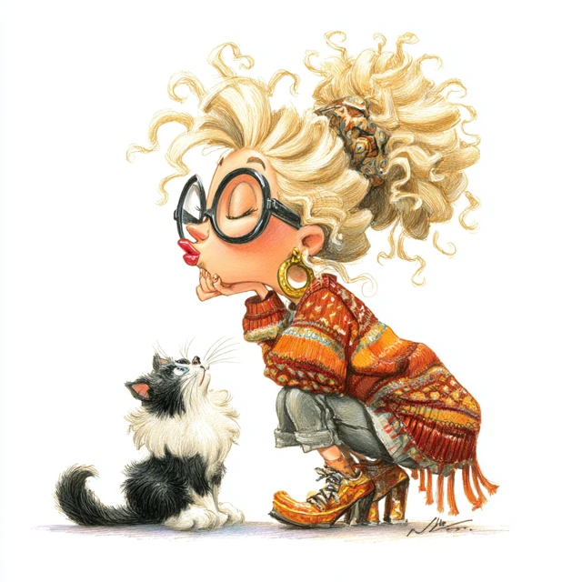 Girl and Cat Caricature Josh Kirby Art
