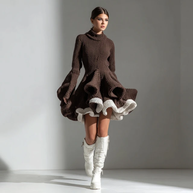 Conceptual Knitted Dress Flared Long Sleeves Ragged Style