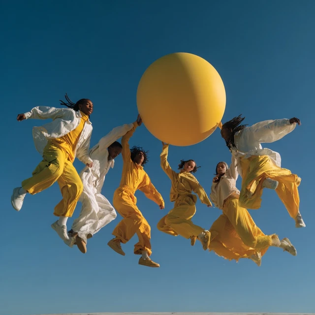 Models in Yellow Leap against Blue Sky Editorial Fashion