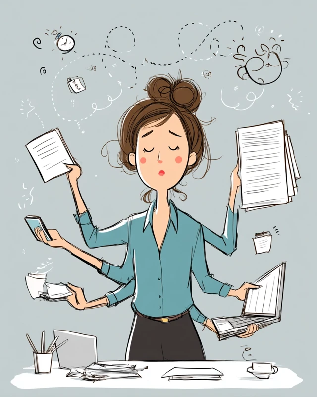 Overwhelmed Woman Multitasking Cartoon Illustration