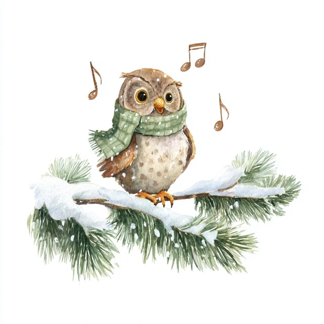 Cute Owl Christmas Carols Watercolor Illustration