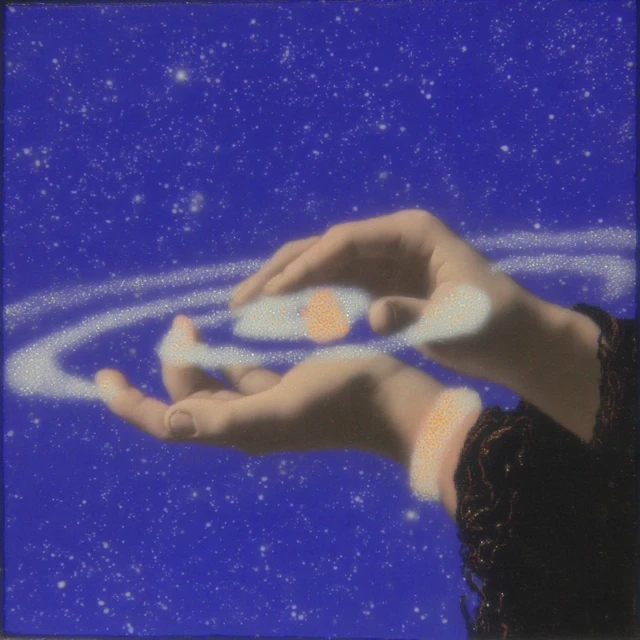 Hands Holding Galaxy Art in Pastel Colors