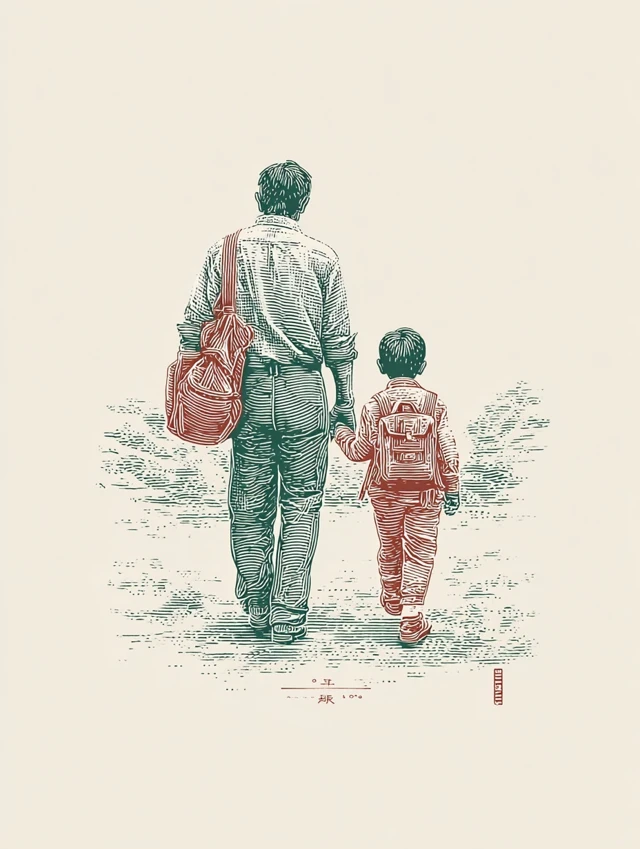 Father and Son Walking Home Illustration