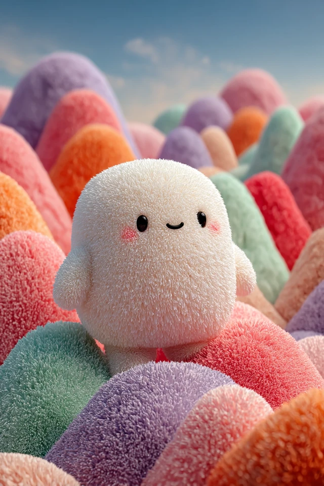 Cute Fluffy Character in Pastel Landscape