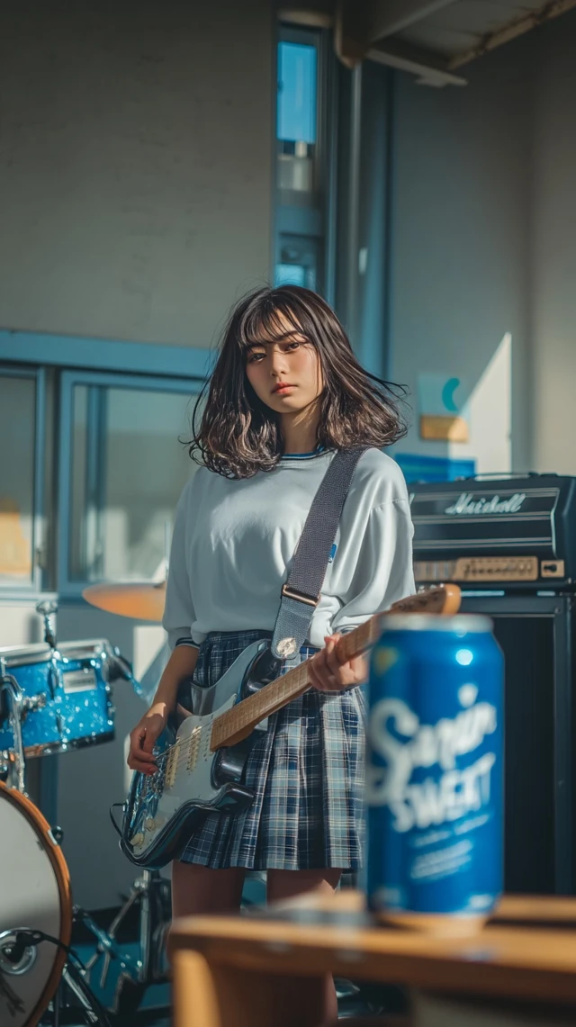 Japanese High School Girl Playing Electric Guitar