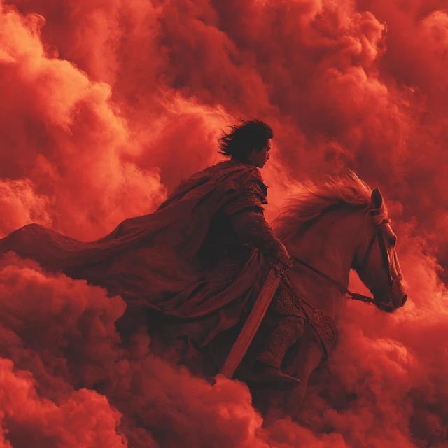 Epic Chinese Hero on Horseback Red Flames