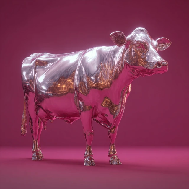 Iridescent Metal Cow Sculpture 3D Render