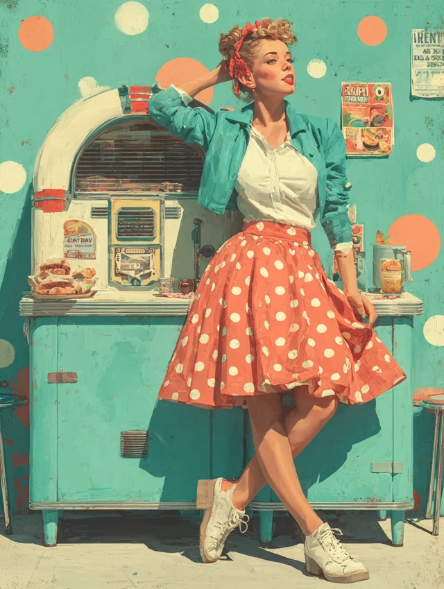 Retro 1950s Illustration Dancing Woman Diner