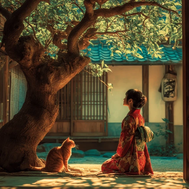 Japanese Courtyard Woman Cat Kimono Sunny Morning