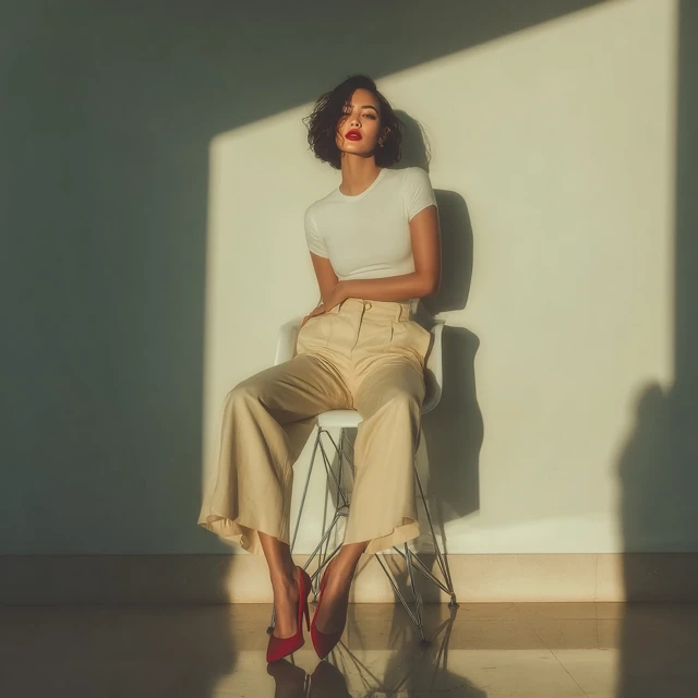 Fashion Editorial Female Model in White Tee and Beige Pants