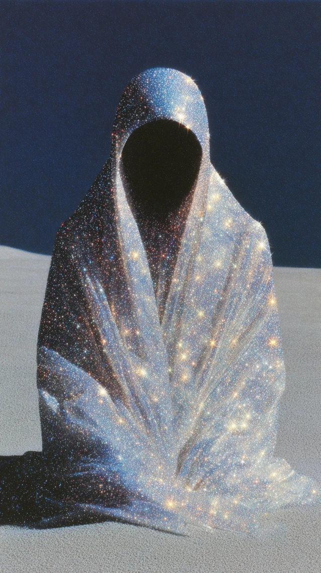 Mysterious Figure in Stardust Veil on Water