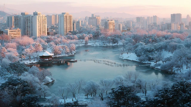 Seokchon Lake Seoul Winter Watercolor Painting