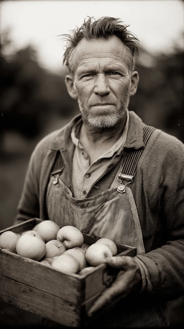 Vintage Apple Farmer in Orchard Sepia Tone