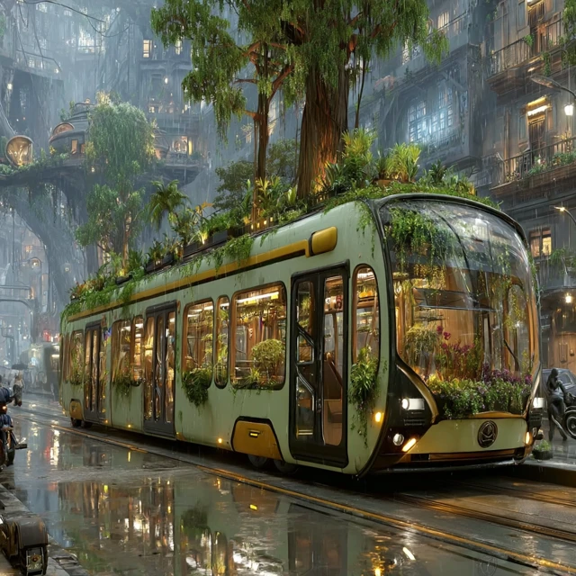 Futuristic Bus with Greenery in a Fantasy Cityscape