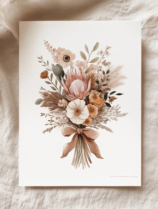 Watercolor Bouquet Wedding Illustration Dried Flowers