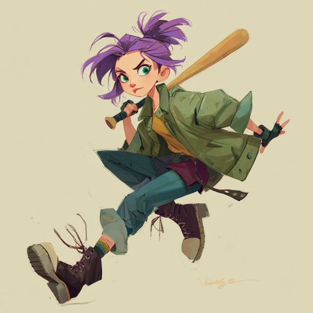 Cartoon Girl with Baseball Bat Dynamic Pose