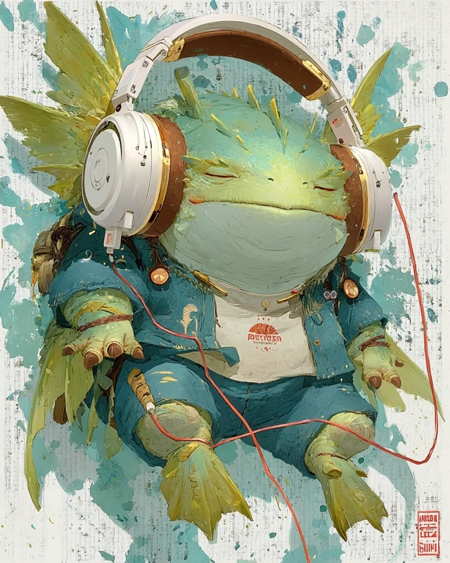 Cute Cthulhu with Headphones - Watercolor Art