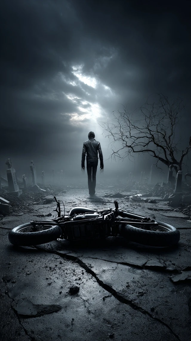 Tortured Biker Soul in a Gothic Graveyard