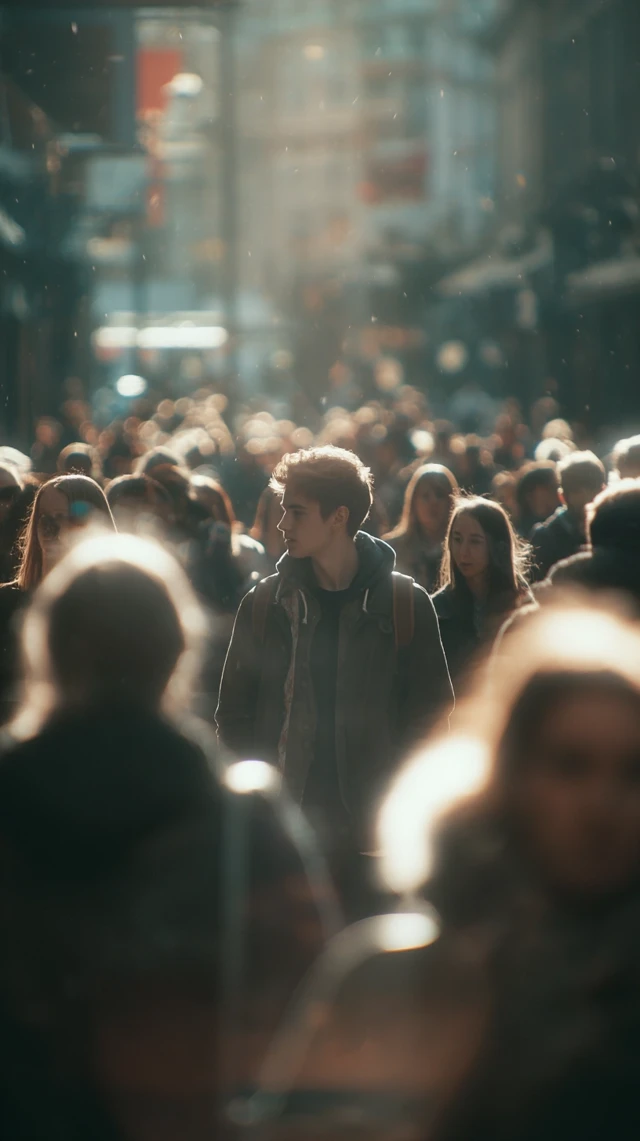 Young Adult Walking Through Urban Crowd Cinematic