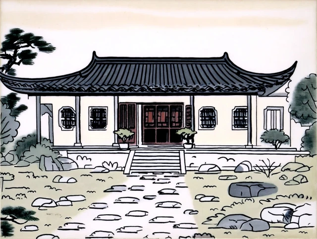 Chinese Courtyard in Ink Cartoon Style