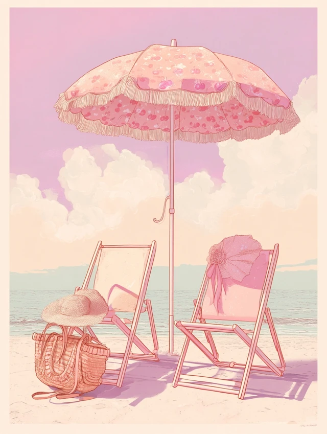 Pastel Beach Scene with Chairs and Umbrella