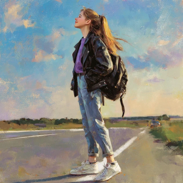 Joyful Girl on Road Realistic Illustration