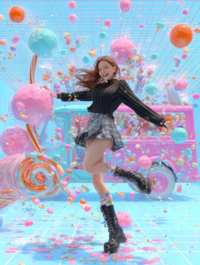 Candy Land Dream Whimsical Art with Girl Dancing