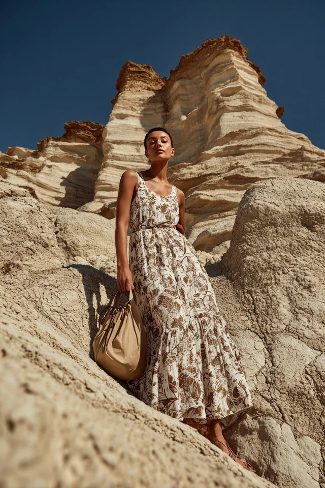 Desert Fashion Model Posing in Dress with Bucket Bag