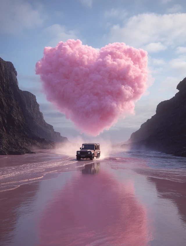 Land Rover Defender in Pink Ocean Heart Cloud CGI