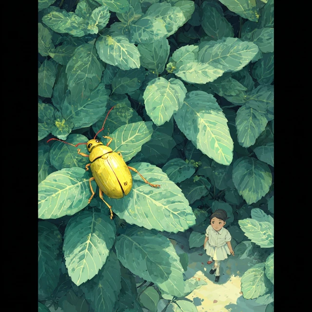 Girl in a green forest with a yellow beetle
