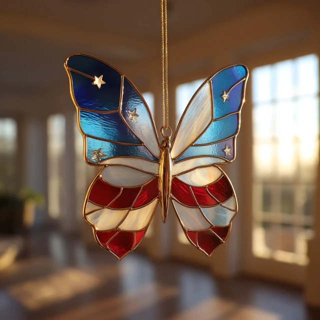 American Flag Stained Glass Butterfly Suncatcher