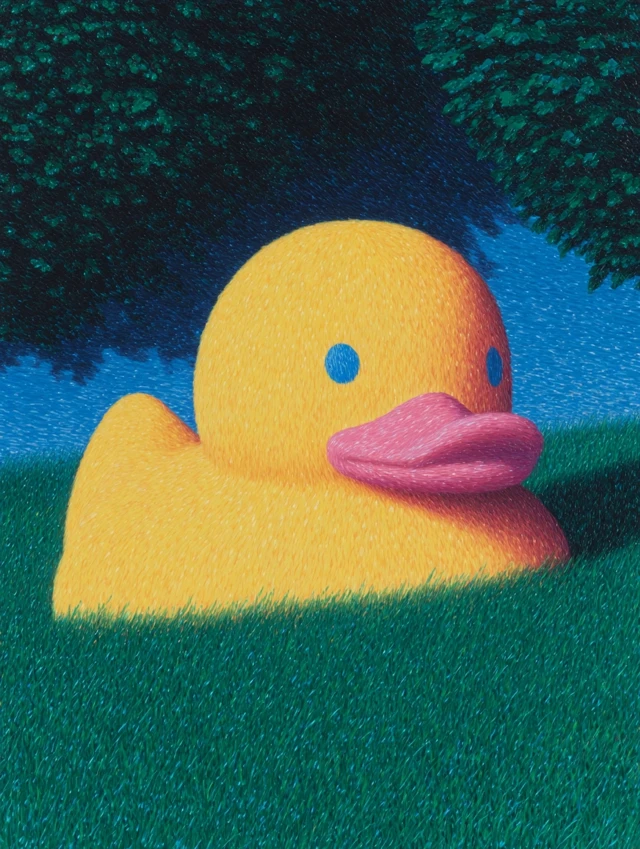 Oil Painting of a Duck Toy on Green Grass