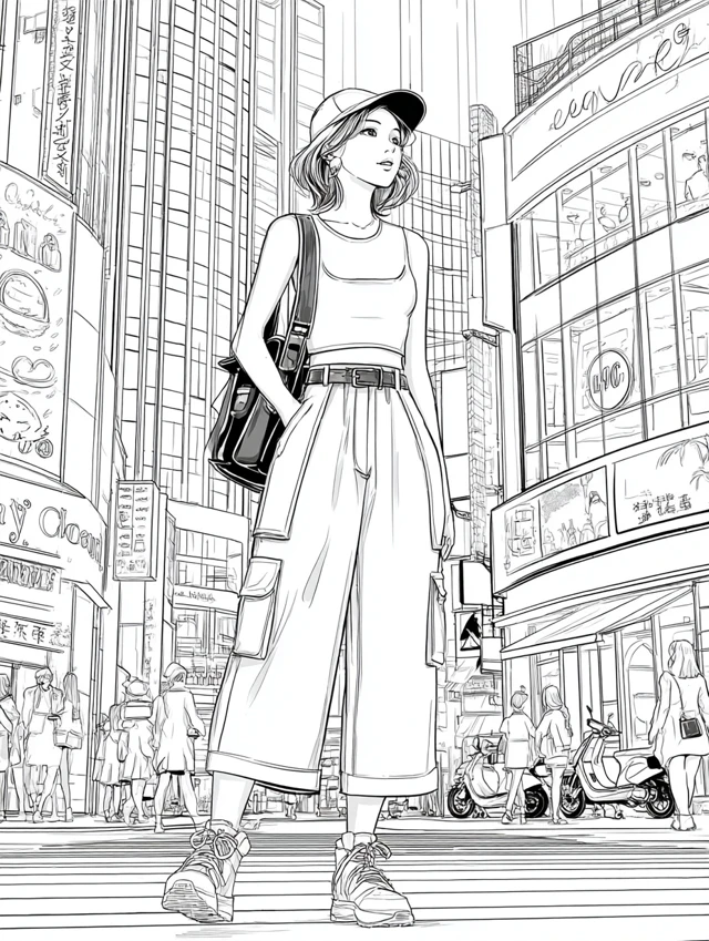 Fashion Coloring Page Stylish Asian Woman Urban Street