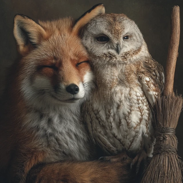Fox and Owl Embracing Realistic Photo