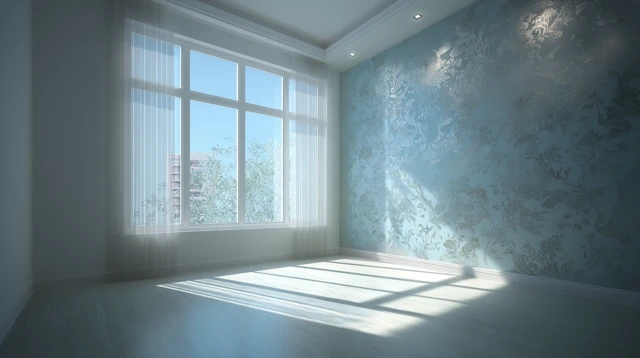 Modern Minimal Interior with Floral Wallpaper and Natural Light
