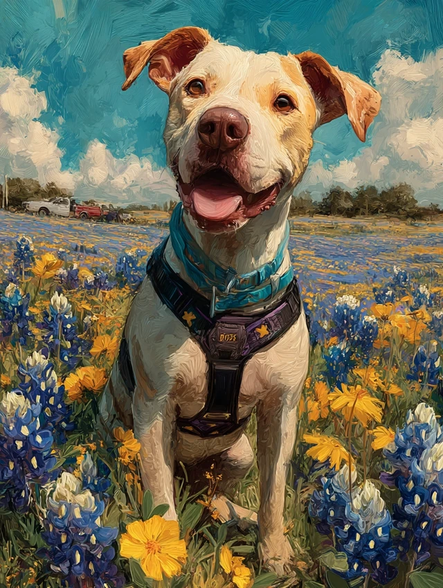 Happy Dog in Bluebonnet Field Illustration