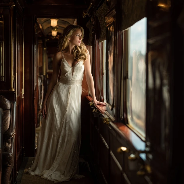 Woman in Elegant Train Car Travel Photography