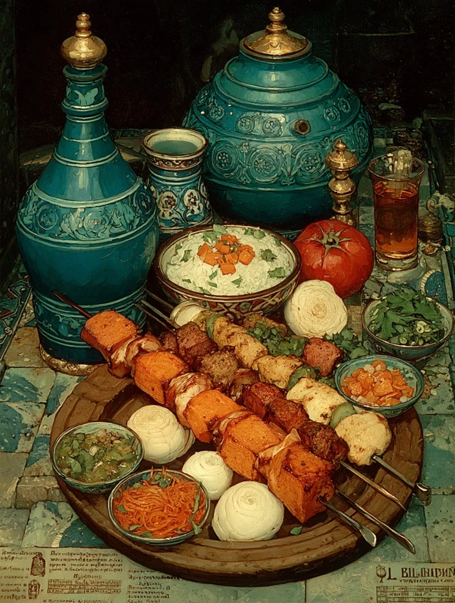 Shashlik on Wooden Plate by Ivan Bilibin