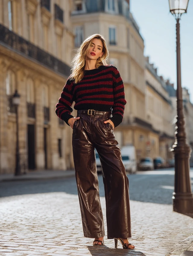Paris Fashion Chic Woman in Leather Pants
