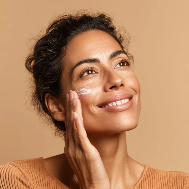Woman Applying Face Cream Glowing Skin