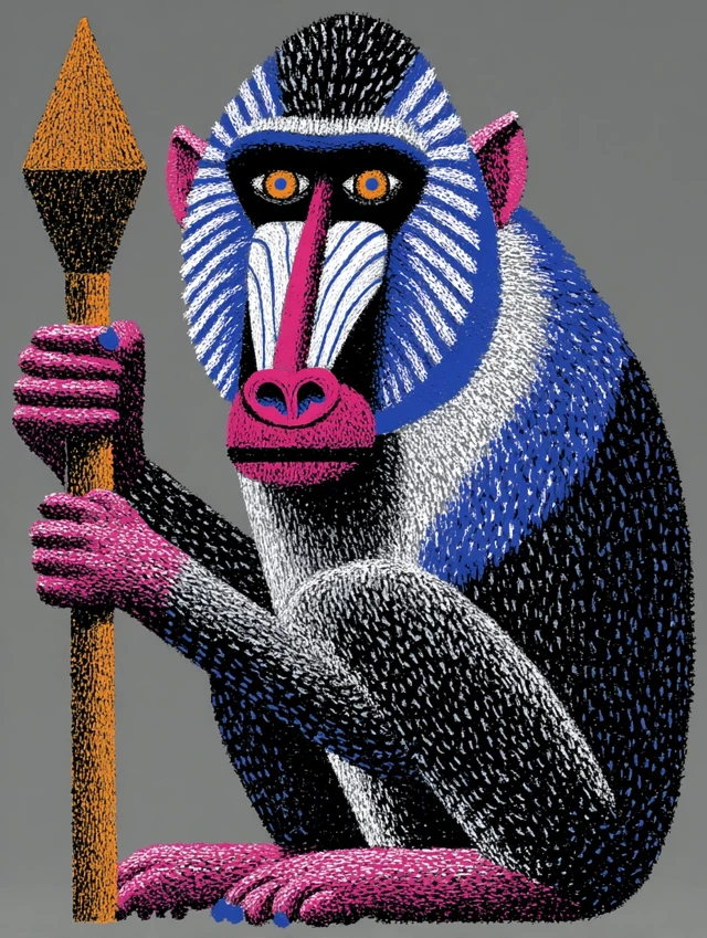 Striking Mandrill Holding Stick Illustration
