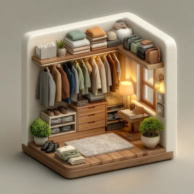 Cozy Bedroom Wardrobe with Clothes and Soft Lighting