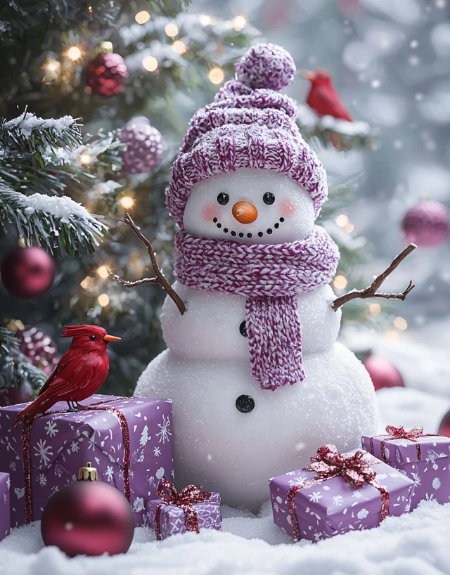 Cozy Winter Christmas Scene Cute Snowman with Ornaments