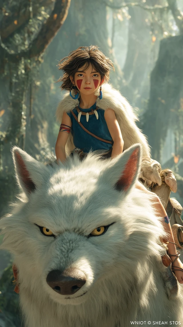 Chinese Girl on White Wolf Mystical Forest