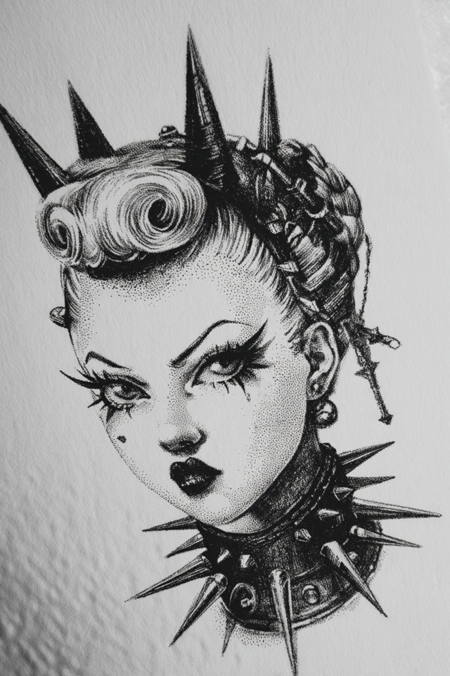 Gothic Punk Doll Illustration Monochrome Art