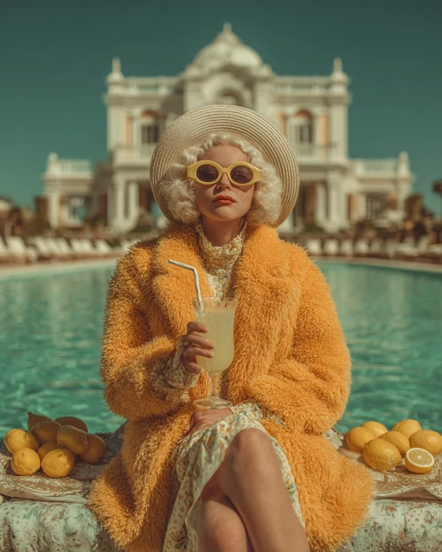 Eccentric Lady in Orange Coat by the Pool