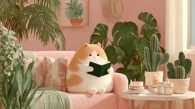 Chubby Cat Reading in Cozy Living Room