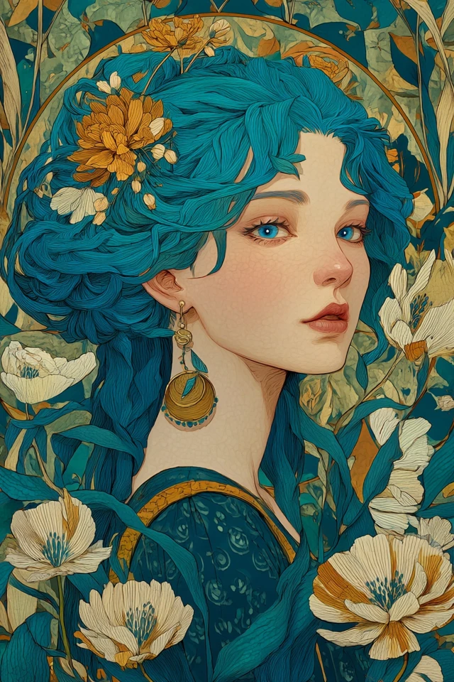 Art Nouveau Woman with Blue Hair and Flowers