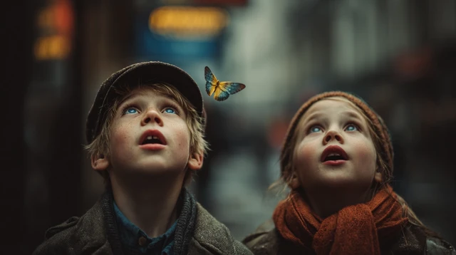 Boy and Girl Amazed by a Butterfly Street Photography
