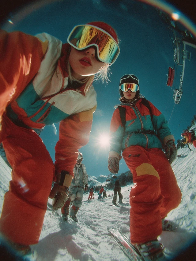Retro 90s Ski Fashion Ad Vibrant Colors and Bold Designs
